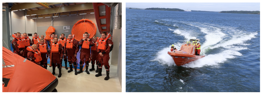 An STCW training course in 2021, held by Alandica Shipping Academy, included courses in a training pool (left) and on a fast rescue boat (right). 