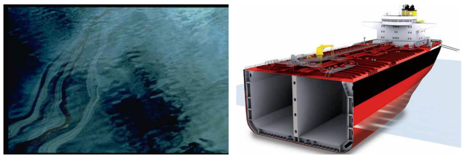 An image showing heavy sheens of oil during the first few days of the Exxon Valdez Oil Spill (left), and an example of what the mandated double-hull tanker looks like (right).