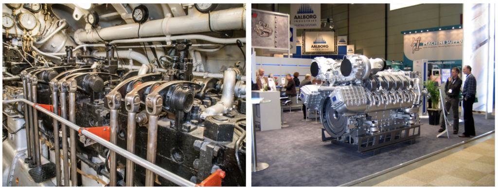 One of the twin diesel engines of the WWII design British submarine HMS Alliance (left; source: Flickr byAnguskirk, CC BY-NC-ND 2.0) and an example of a ship diesel engine on display at Europort 2007 (right;
source: Flickr by Alphast, CC BY-NC 2.0).