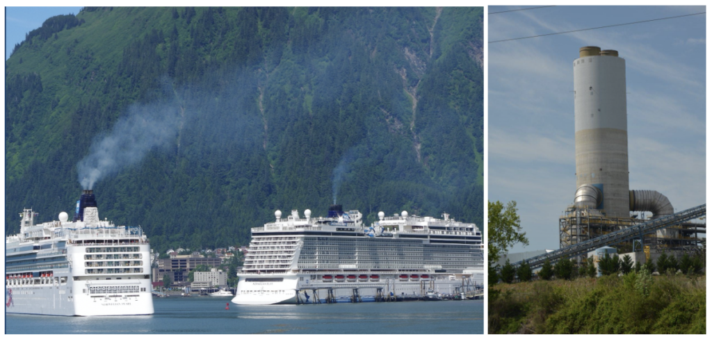 Scrubbers on an Alaskan cruise ship (left; source: Alaska Department of Environmental Conservation) and a scrubber on a steam plant in North Carolina (right; source: Wikimedia Commons, Murr Rhame, CC BY-SA 3.0).