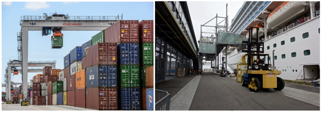 Examples of common diesel powered-yard equipment: a rubber-tired gantry crane (left; source: Konecranes), and a forklift loading a cruise ship (right; source: Flickr by Dave R.; CC BY-NC-2.0).