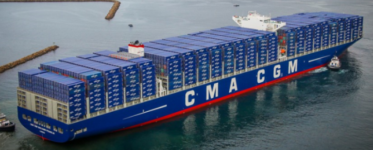 The container ship, Compagnie Maritime d'Affrètement and Compagnie Générale Maritime (CMA CGM) Benjamin Franklin, entering the Port of Long Beach.