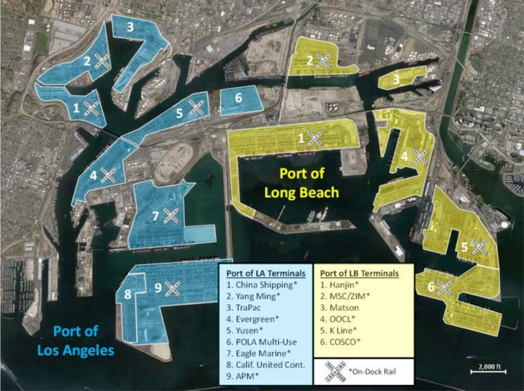 The locations of the two ports and their respective terminals: Port of Los Angeles (highlighted in blue) and Port of Long Beach (highlighted in yellow).