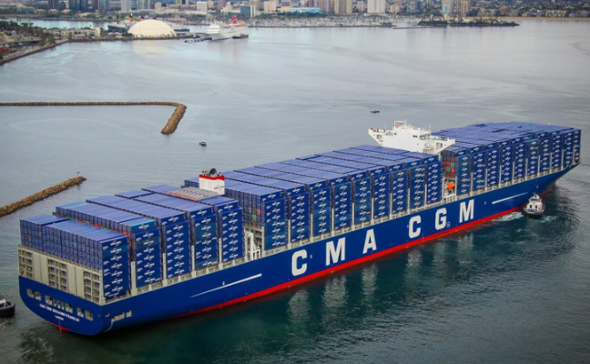 The container ship, Compagnie Maritime d'Affrètement and Compagnie Générale Maritime (CMA CGM)Benjamin Franklin, entering the Port of Long Beach.