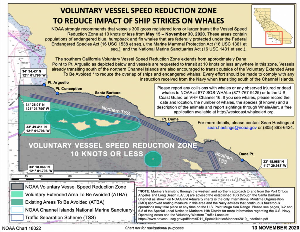 An infographic explaining the voluntary vessel speed reduction zone. An overview of the Traffic Separation Scheme (TSS) is also shown.