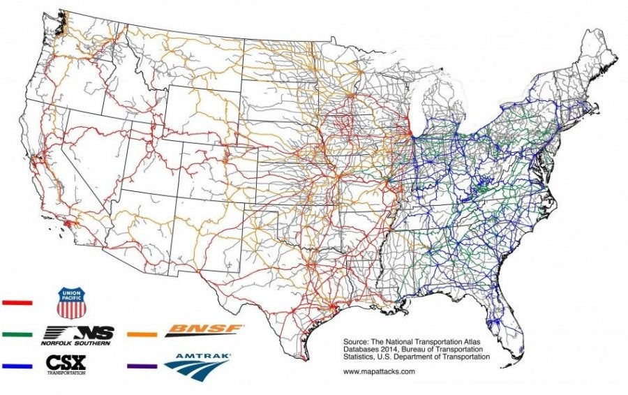 A map showing the major U.S. railroad lines by ownership.