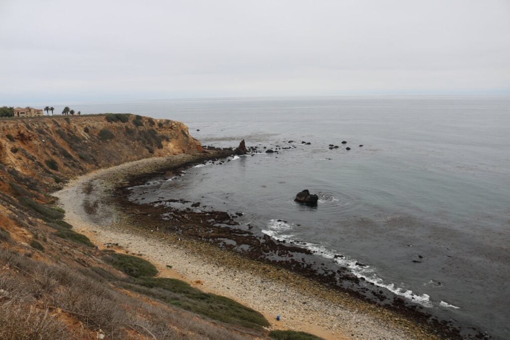 An overlook of Pelican Cove, which consists of a rocky shore and several tidepools, in Palos Verdes, CA.
