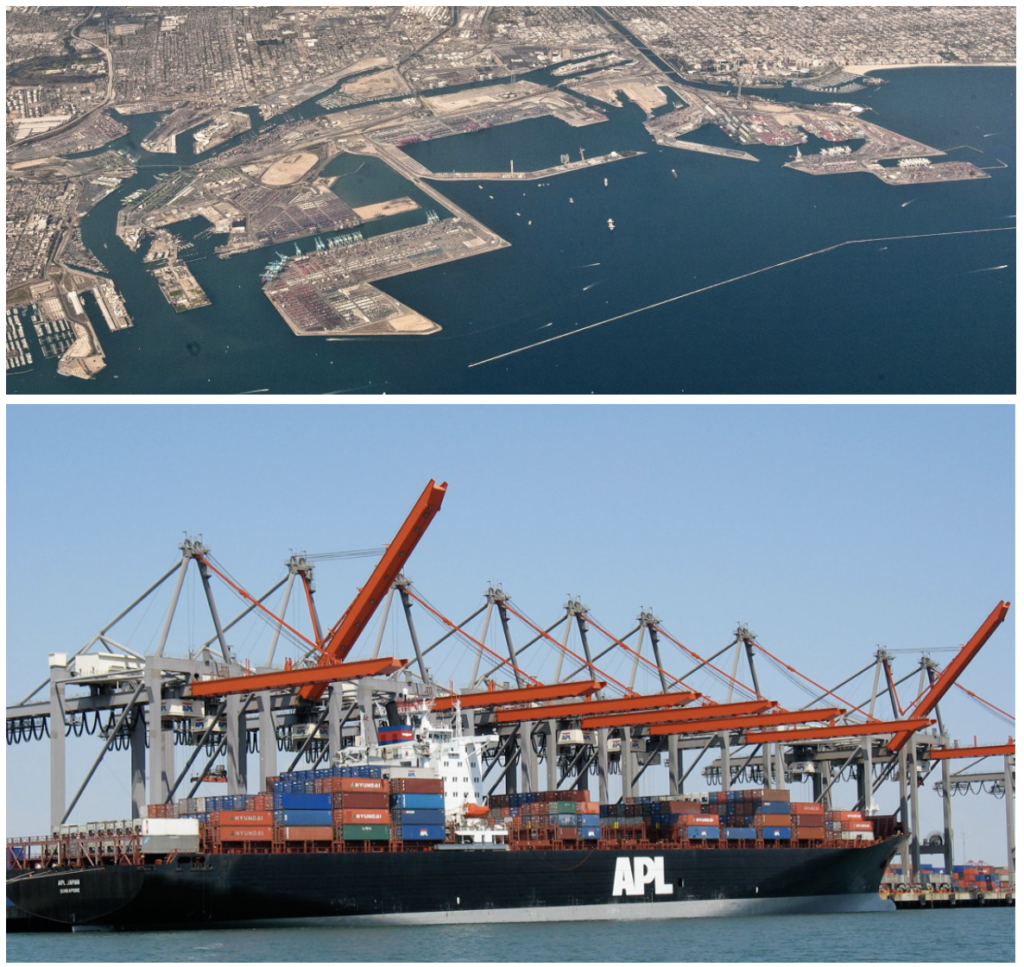 An aerial view of the Ports of Los Angeles and Long Beach (top; photo: Hyfen, CC BY-SA 3.0 via Wikimedia Commons) and a container cranes working on an APL cargo ship (bottom).