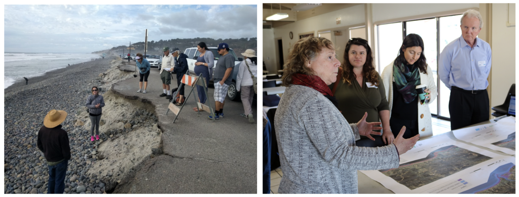 Beach erosion in Torrey Pines, a community in Southern California (left), and an interactive AdaptLA meeting (right).