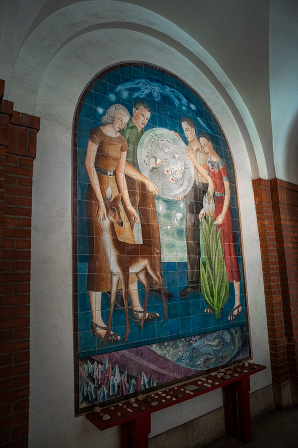 Painted mural of students in Zumberge Hall.