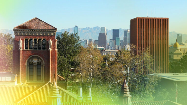 View of USC University Park Campus with the top of Bovard Hall featured.