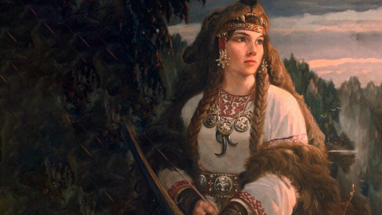 Devana by Andrey Shishkin painting of woman with bow and slavic apparel with bear head hood