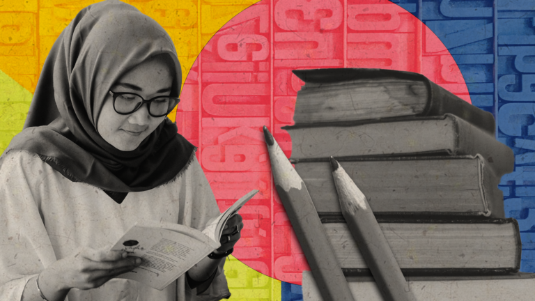 collage with woman reading book, books in a stack and pencils. Large color swatches in the background