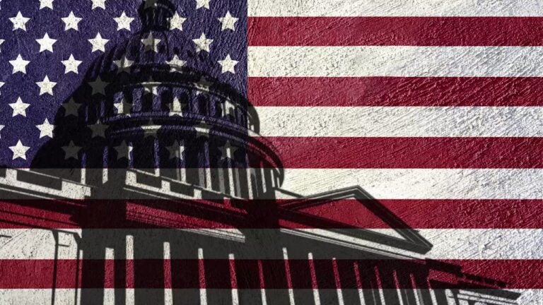 illustration of capitol building superimposed on American flag