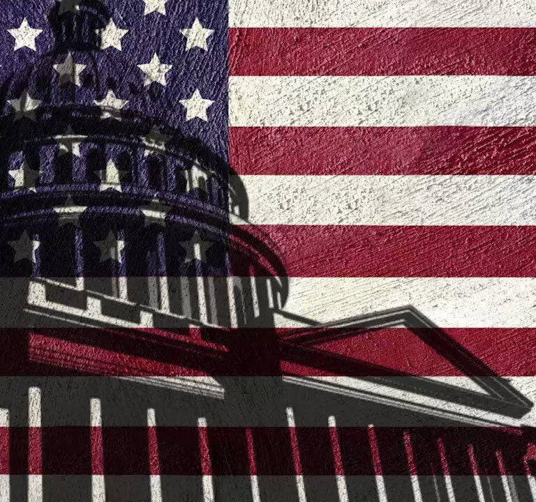 Illustration of capitol building superimposed on American flag.