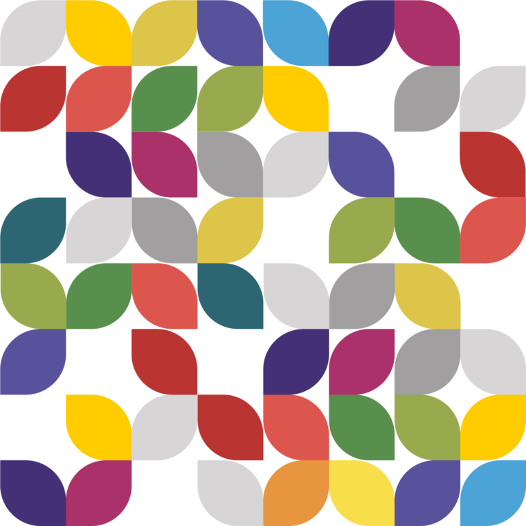 An illustrated graphic featuring a multicolored tapestry of leaf shapes