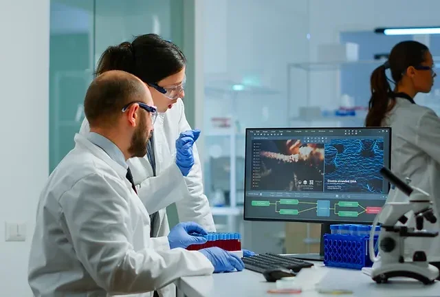 Researchers looking at a computer.