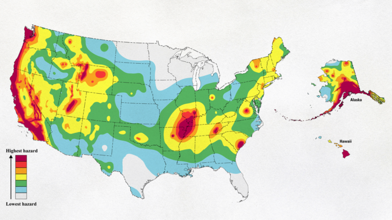 A heatmap of the United States highlighting areas with a high occurrence of earthquakes