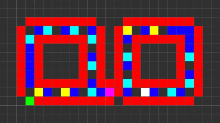 The image depicts a pixelated design on a grid, forming two large square shapes side by side. Each square has a red border and contains a pattern of colored squares within. The colors used are red, blue, light blue, black, yellow, green, pink, and white.