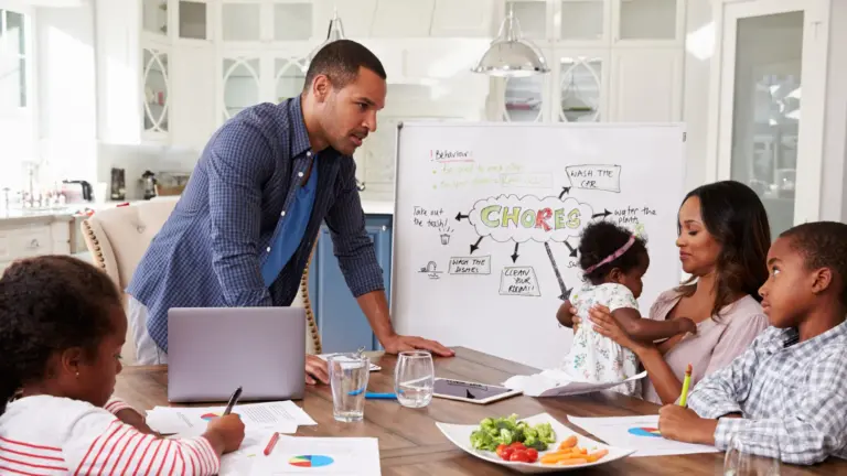 A family having a meeting at a table with a white board