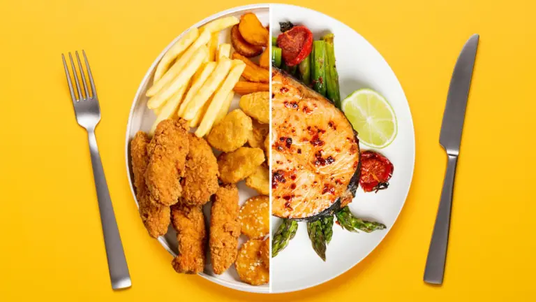 A plate on a yellow background, on one side is processed fried food, on the other side is fresh food