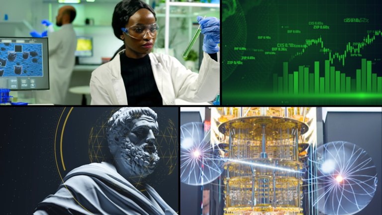 Collage of stills from the homepage video. Top left is a black woman holding a test tube with green fluid. Bottom Right is a quantum computer with qubits floating around it. Bottom Left is an ancient greek statue with an overlay of tech. Top Right is a graph in green