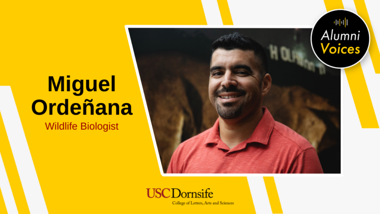 Headshot of Miguel Ordenana on a yellow backgrack with the USC Dornsife letterhead