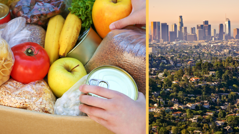 Groceries (left) and the Los Angeles skyline (right).