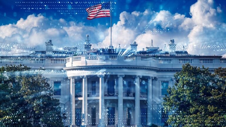 A photo of the White House with computer code superimposed ontop