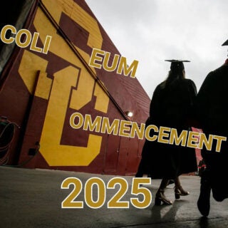 Image of graduates in caps and gowns walking on to the field at the Coliseum with an overlay of the words Coliseum Commencement 2025.