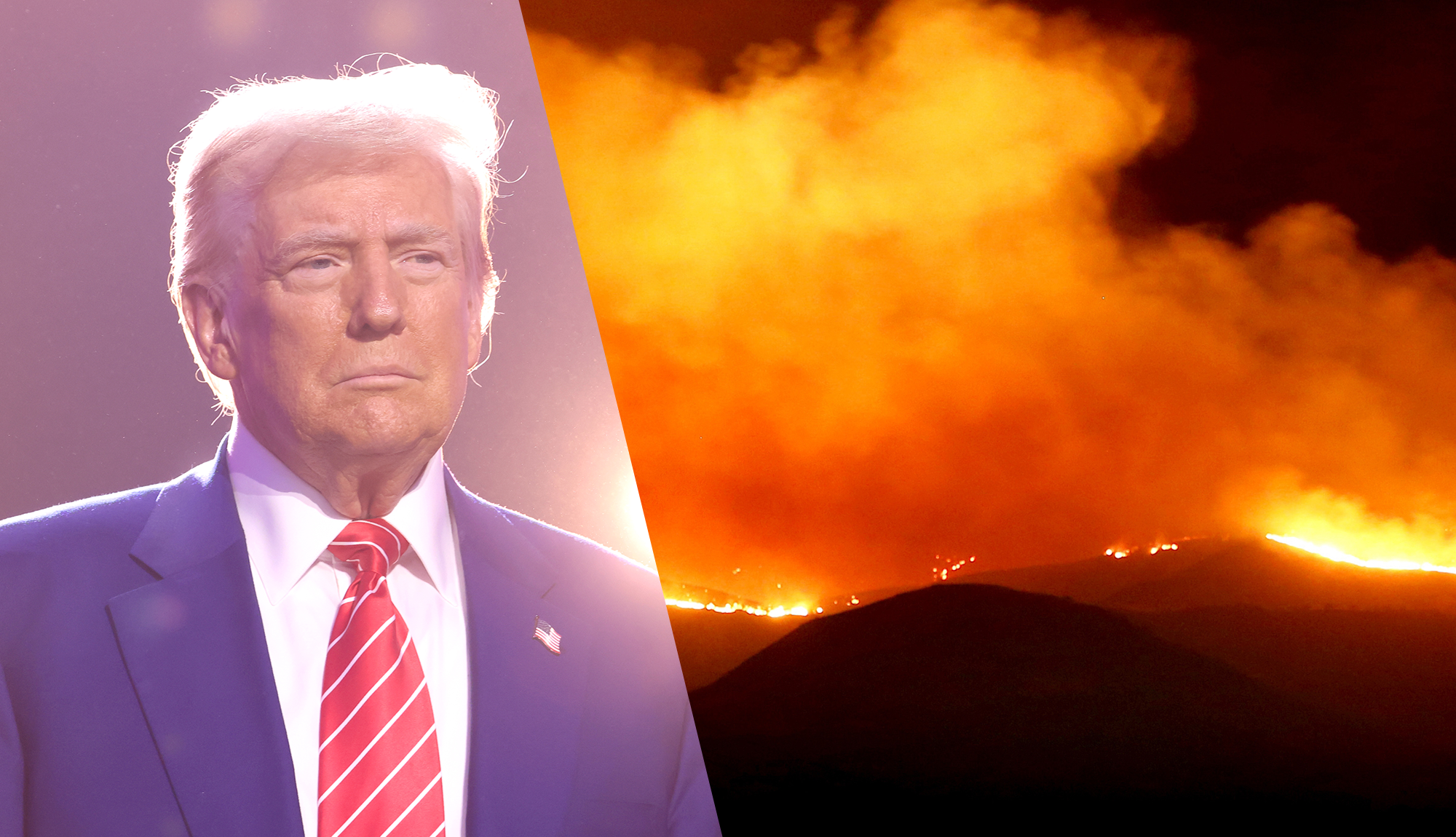 Composite image of Donald Trump and wildfire.