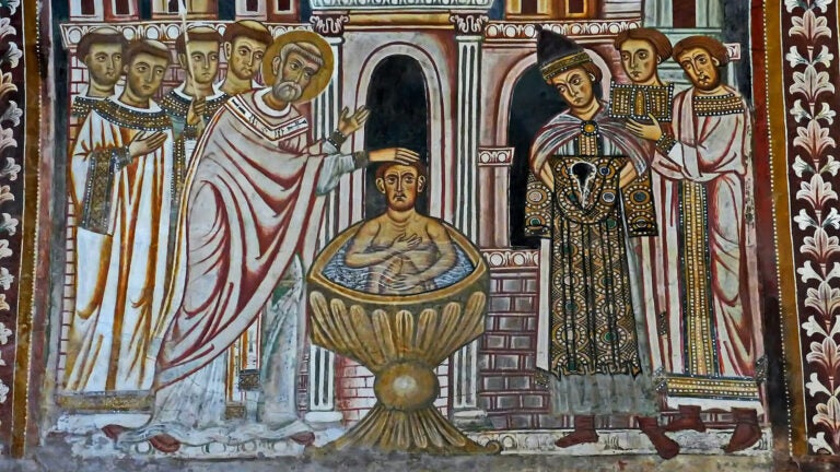 A mosaic of St. Silvester baptizing Emperor Constantine, from the Basilica Santi Quattro Coronati in Rome.