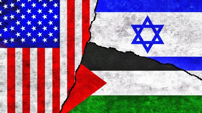 Composite of United States of America, Israel and Palestine flags