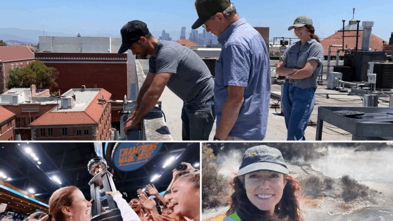 Composite of three images. A group sets up an air monitor on a campus roof, athletes hold up a championship cup and a professor stands in front of a volcano.