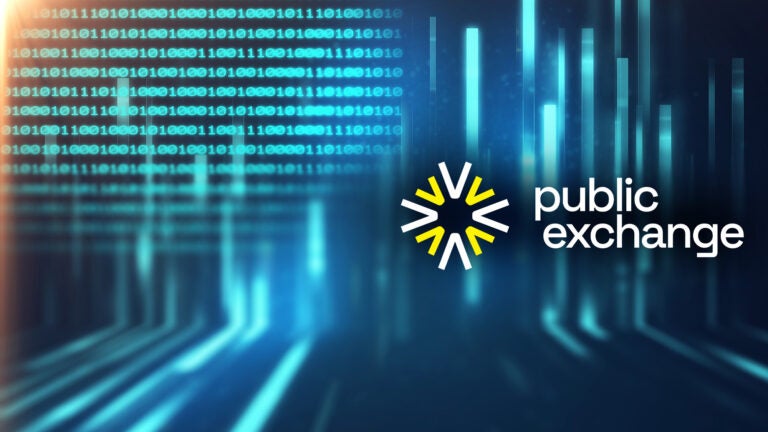 Blue digital background with code and shining lights. Featuring the Public Exchange logo in white with a yellow sunburst effect