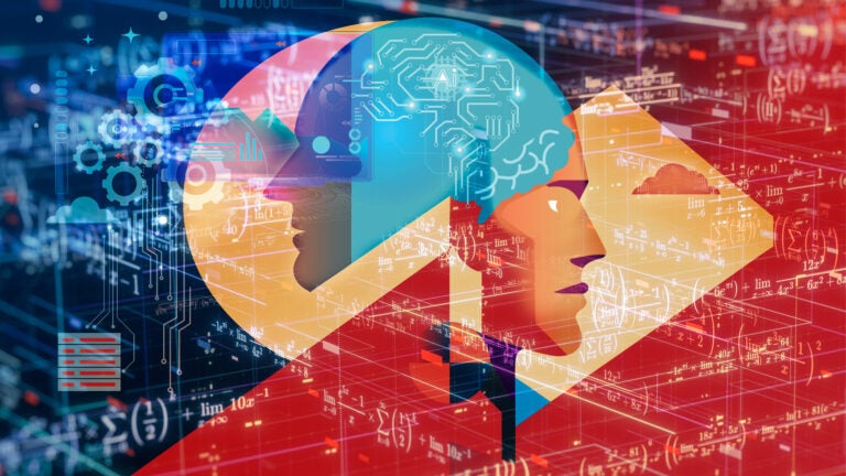 Illustration of opposing silhouettes that share an electronic brain against a background of equations, gears and electronics