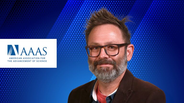 Portrait of Matt Pratt and AAAS logo against a blue-toned graphic background