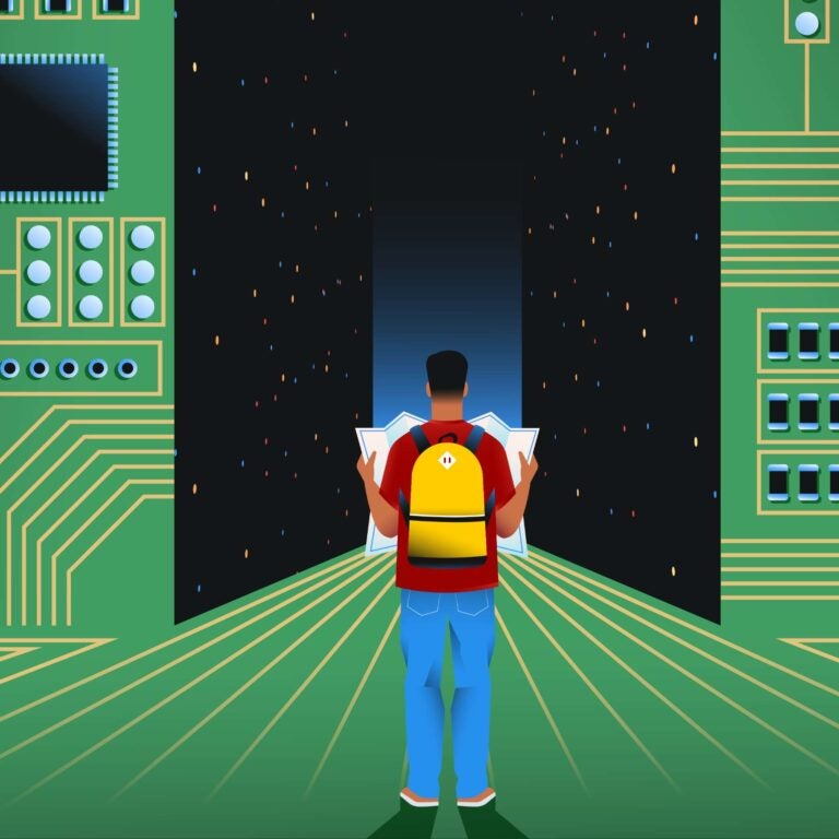 Illustration of a student in red standing in a digital landscape with a map in front of him
