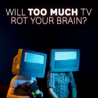 Two people with TVs in place of their heads sit in the dark with another TV's glow on them and the words 