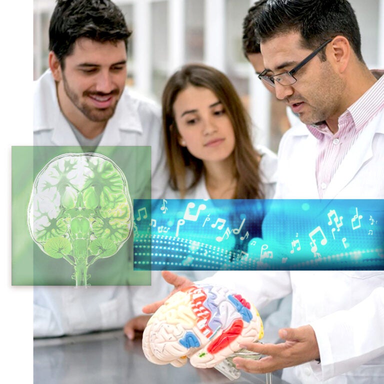 students and professor looking at model brain with glass panes with a ct scan and music notes floating above the image