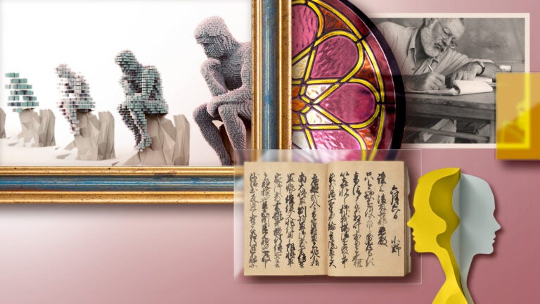 Mixed-media collage representing the humanities, featuring a digital sculpture of a seated figure, stained glass, a historical photograph of a writer, an open handwritten manuscript, and overlapping human profiles.