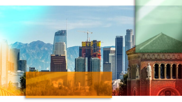 Mixed media collage of city of los angeles and bovard collage building with glass blocks on top