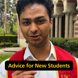 A Dornsife grad in a white shirt and cardinal sash holds a microphone. A text overlay says Advice for New Students.