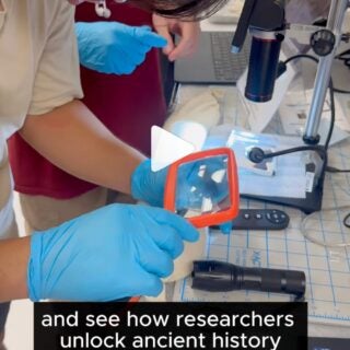Video still of a student wearing goggles and blue gloves using a magnifying glass.