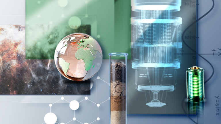 Mixed-media collage representing the physical sciences, featuring a star-filled nebula, a glass globe, a layered soil sample, a futuristic quantum computer, a glowing battery, molecular structures, and mathematical equations.
