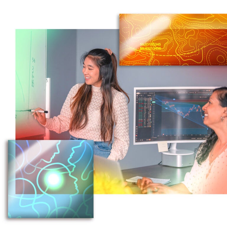 editorial collage of a woman and teacher discussing economics with glass panels showing terrain maps and illustrated heads