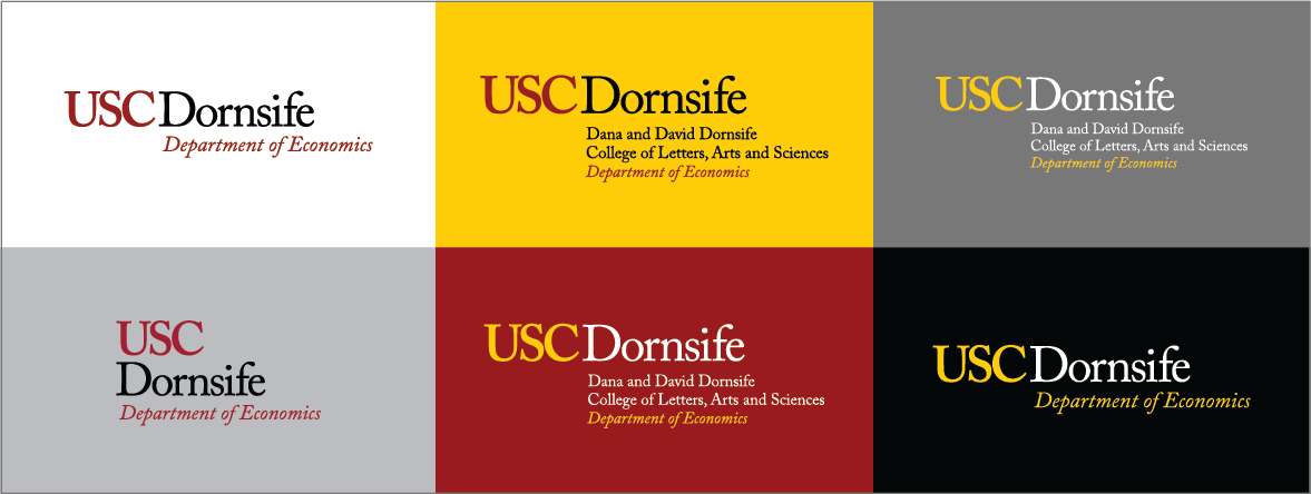 Grid of various USC Dornsife Department of Economics logos showing different color lockups and variants