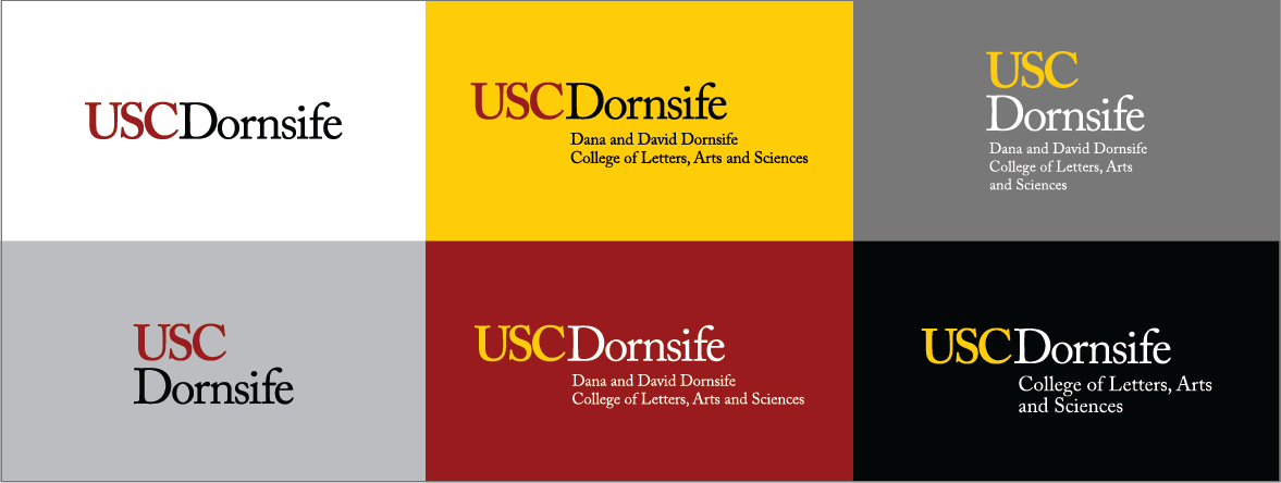 Grid of various USC Dornsife logos showing different color lockups and variants