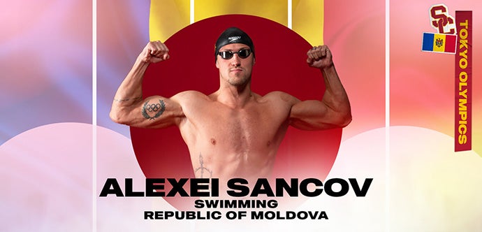 Alexei Sancov wears a swim cap and goggles and flexes his arms within a red circle with his name, athletic specialty and country written below him and against a backdrop of the Republic of Moldova flag.