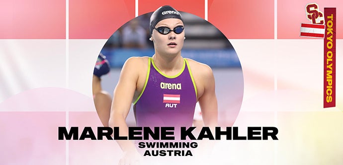 Marlene Kahler wears goggles and a swim uniform within a circle with her name, athletic specialty and country written below her and against a backdrop of the Austrian flag.